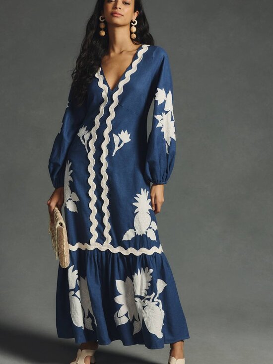 FARM Rio Dresses & Skirts - Farm Rio Flounce Embroidered Maxi Dress Small Linen Blend